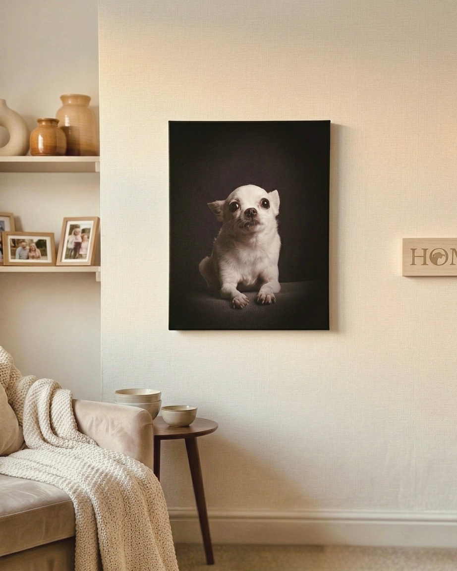 Cuadro de chihuahua en pared de living