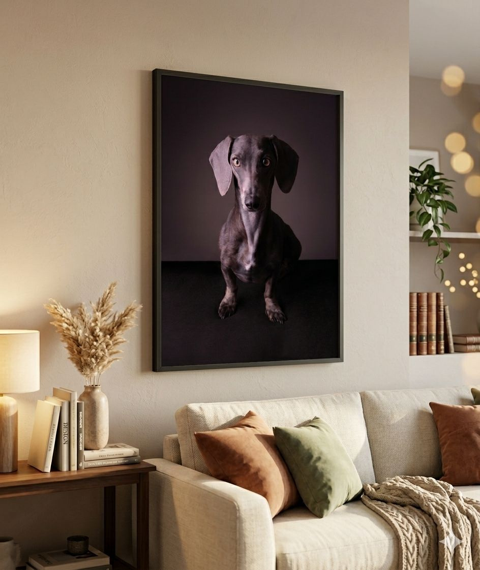 Cuadro de perro salchicha colgado en living