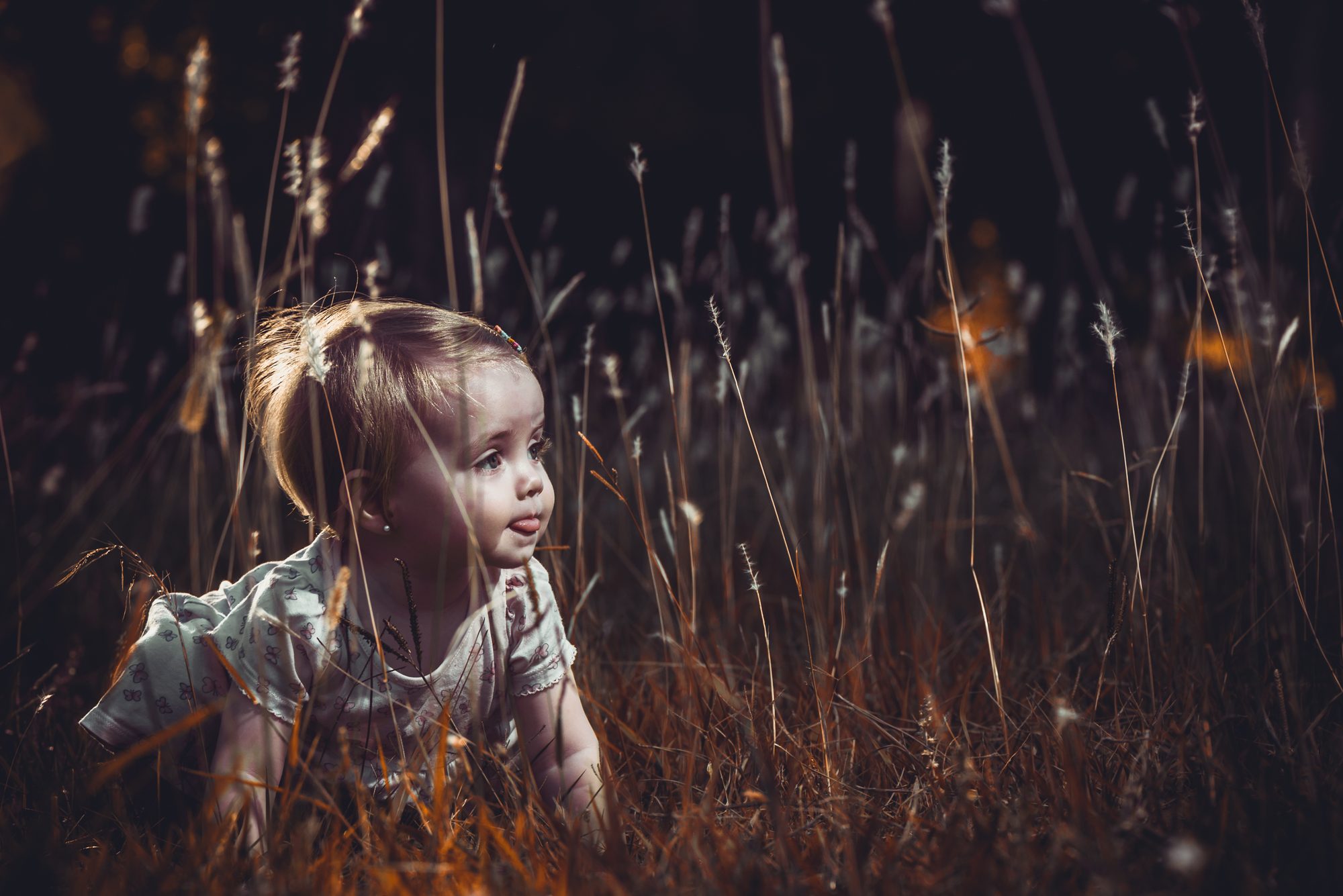 Retrato infantil entre pastizales al atardecer
